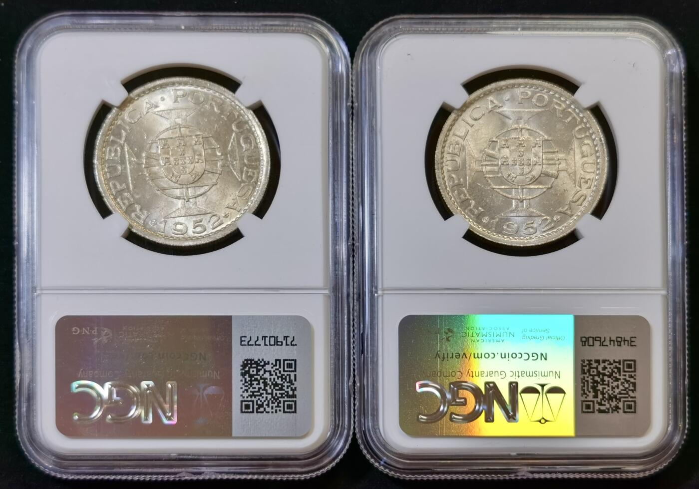 甄臻铺-世界币章拍卖（第48期）精品场拍品征集中，送拍享返佣金等优惠多多 NGC-MS64 1952年澳门五圆银币，卷拆两枚一组
