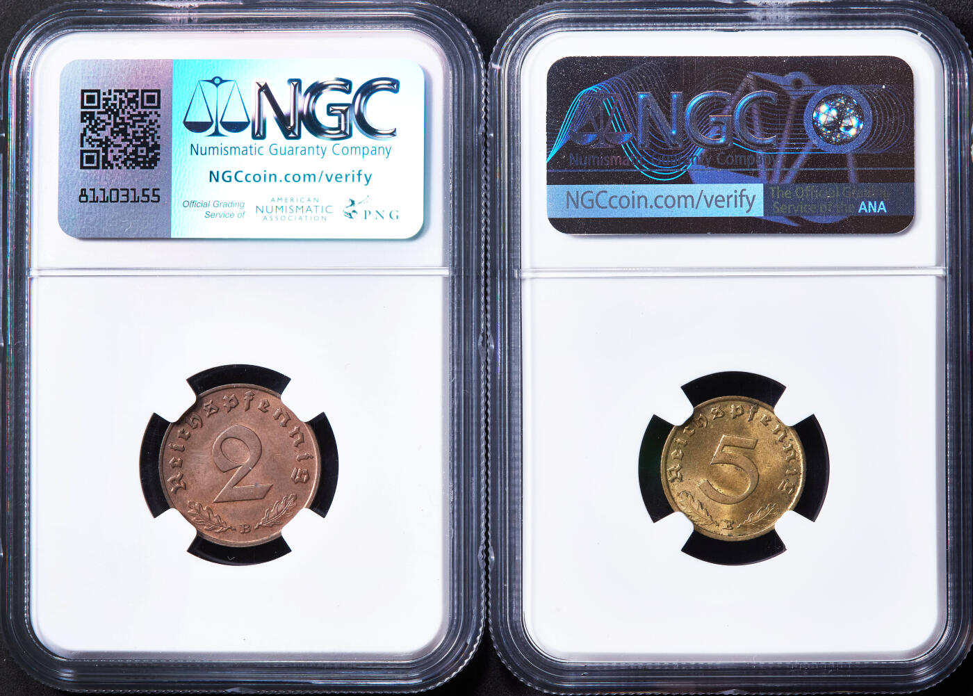 【俄甄集藏】“万象更新、马呈祥瑞”迎新春俄甄精品场-2026年(047)01-21 星期三 晚 19:30 全场包邮 德国第三帝国1939年B版/1937年E版2、5芬尼铜币一对，NGC MS63，转光品相，原图联系客服或者查询相关官网查看