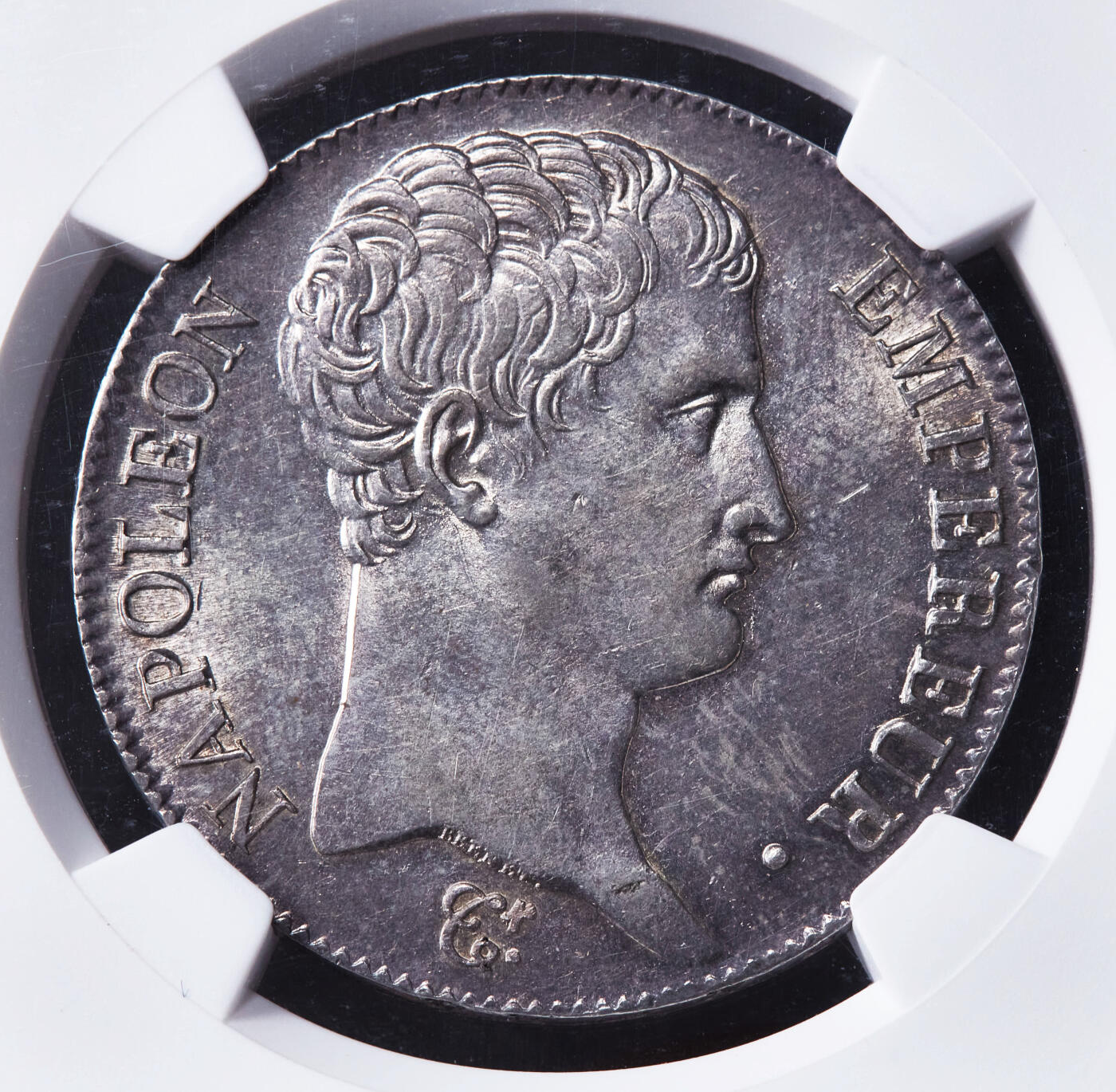 【俄甄集藏】“万象更新、马呈祥瑞”迎新春俄甄精品场-2026年(047)01-21 星期三 晚 19:30 全场包邮 法国1805年拿破仑一世共和版5法郎大银币，NGC MS62，紫罗兰酱彩老包浆，转光品相，味道一流，名誉品种