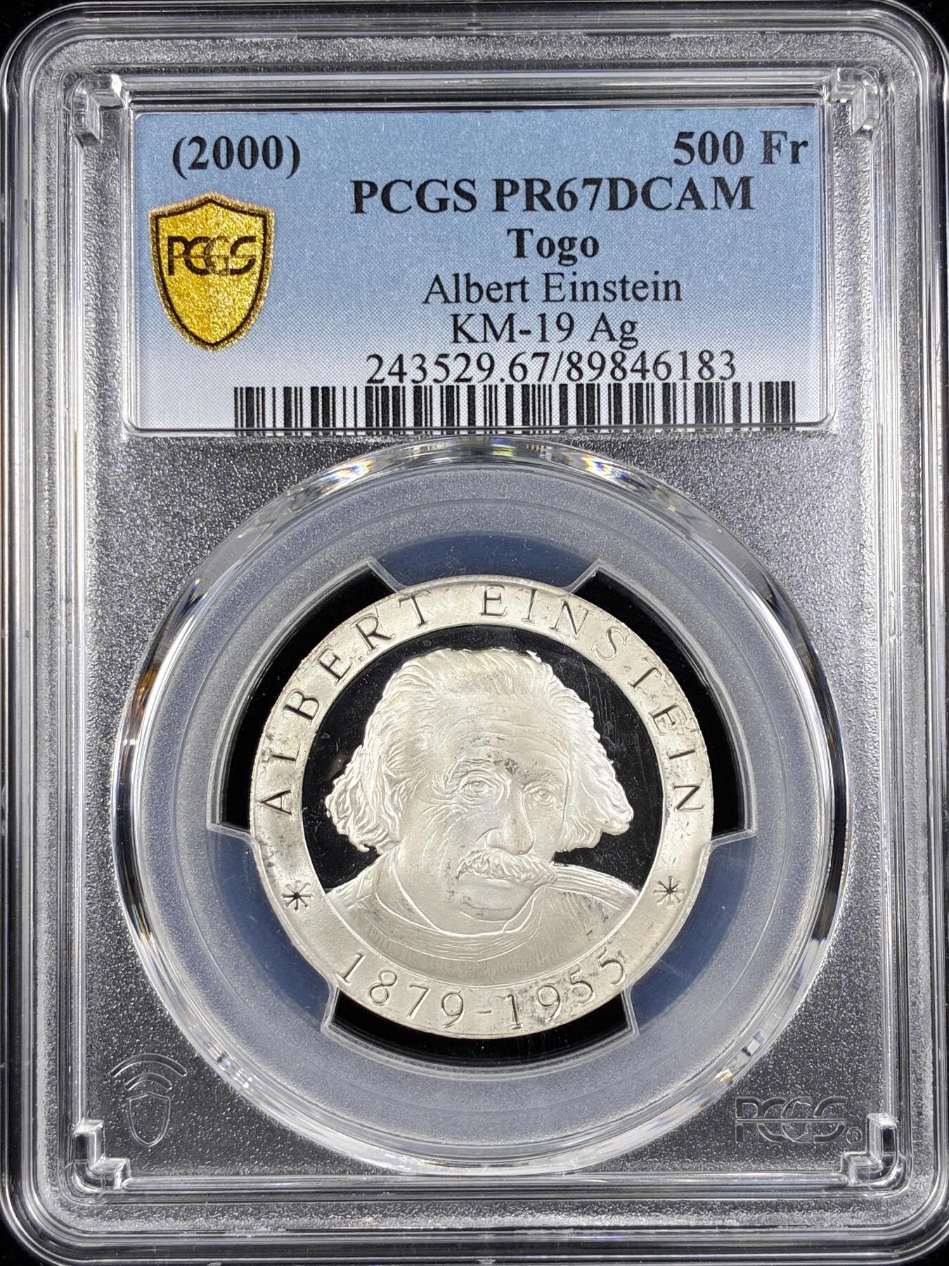 【雨安】【直播拍卖】【第0124期-评级币章】2026-01-17 周六 19:30 [评级现代] Togo 多哥 500法郎 2000年 爱因斯坦 PCGS-PR67DCAM 精制币