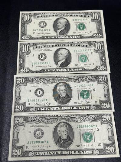 《外钞收藏家》第六百零三期（精选场）（本平台长期征集拍品、欢迎藏友们联系合作） - 美国1985和90年小头10美元、1974和90年20美元 4张一起 品相如图