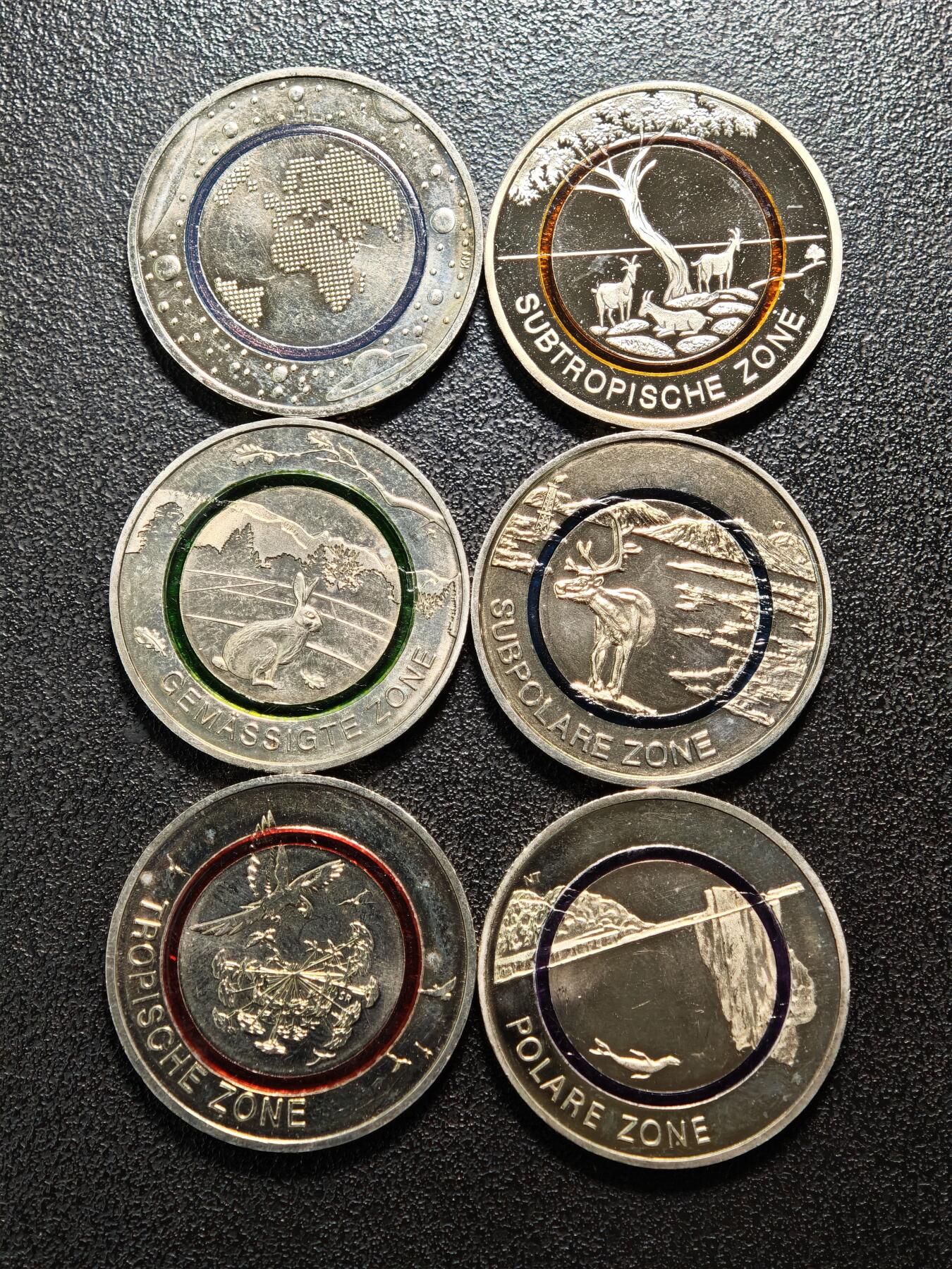 【德藏】世界币章拍卖第162期（拍品征集中~欢迎藏友联系） 6枚一组 德国气候带系列5欧元纪念聚能环镍币 直径约：27.2mm/枚；重约：8.9g/枚