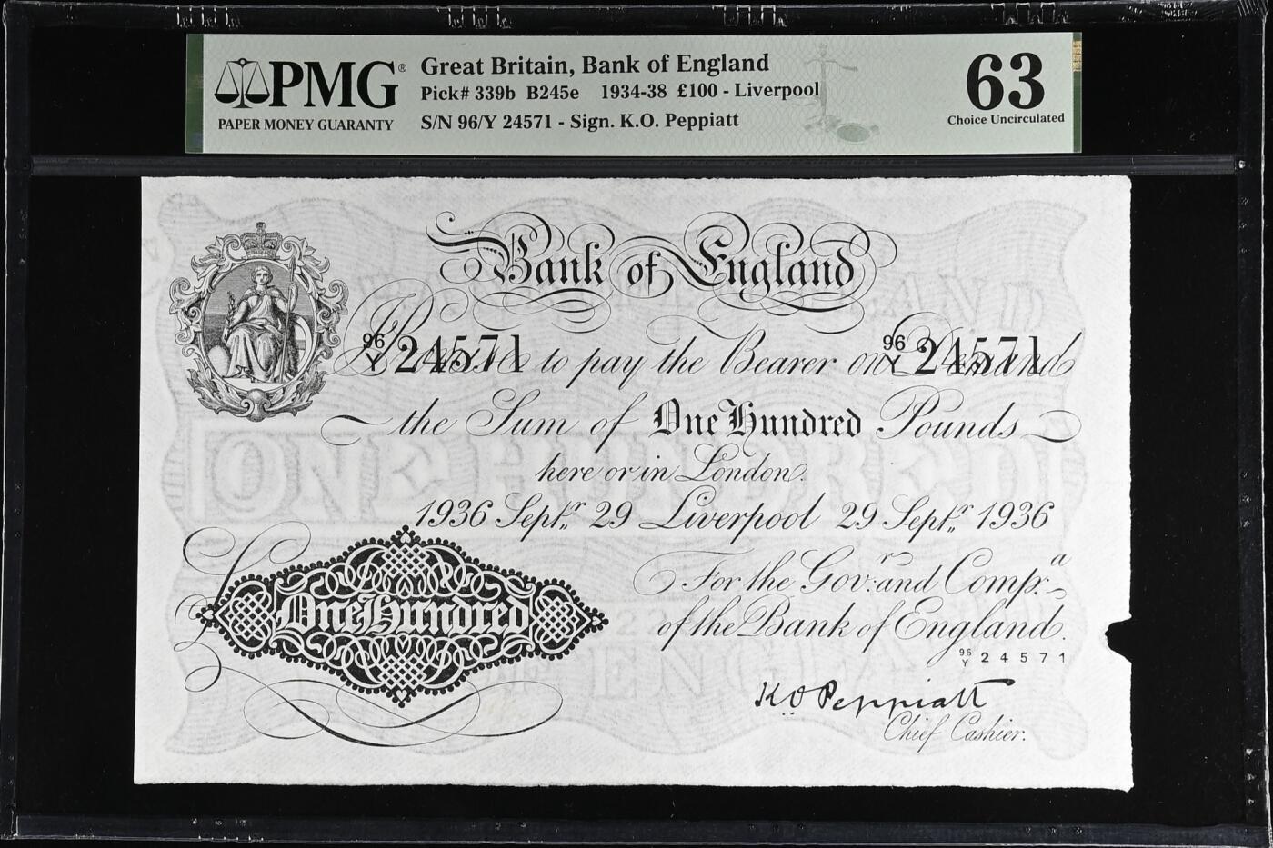 《艾美收藏》第229期-1.18周日外币荟萃 英格兰100镑 PMG63 1934-1938年白镑 右侧缺口为出厂自带 大票幅