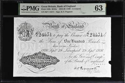 《艾美收藏》第229期-1.18周日外币荟萃 - 英格兰100镑 PMG63 1934-1938年白镑 右侧缺口为出厂自带 大票幅