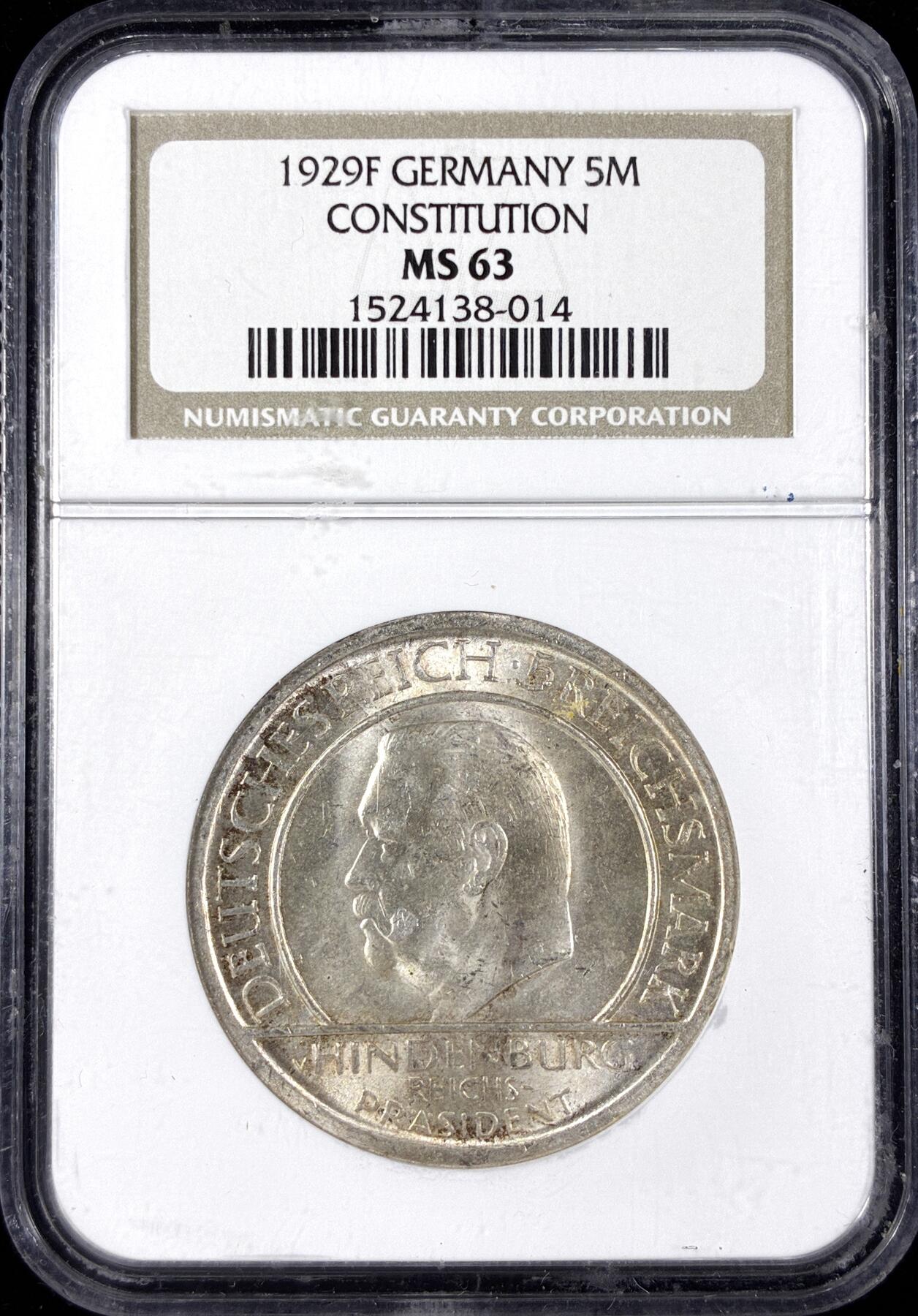 【雨安】【直播拍卖】【第0124期-评级币章】2026-01-17 周六 19:30 [评级德国] Germany 德国 魏玛 5马克 KM#64 魏玛宪法 1929年  NGC-MS63