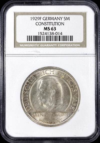 【雨安】【直播拍卖】【第0124期-评级币章】2026-01-17 周六 19:30 - [评级德国] Germany 德国 魏玛 5马克 KM#64 魏玛宪法 1929年  NGC-MS63