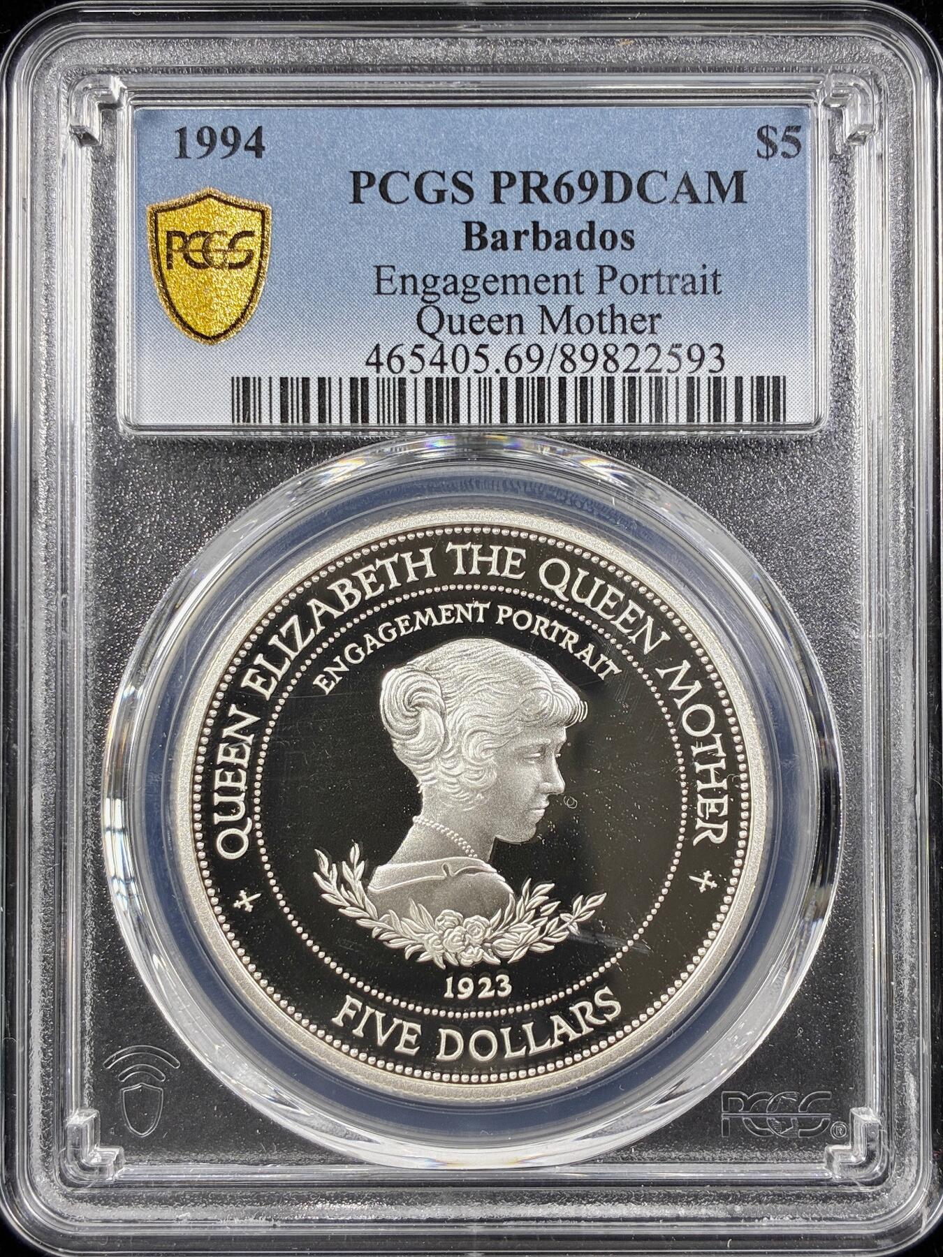 【雨安】【直播拍卖】【第0124期-评级币章】2026-01-17 周六 19:30 [评级现代] Barbados 巴巴多斯 5元 1994年 伊丽莎白订婚肖像 PCGS-PR69DCAM 精制币