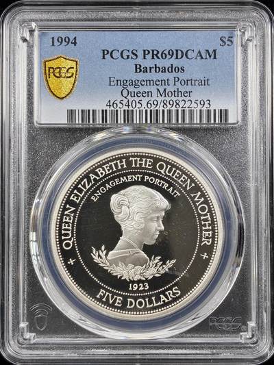 【雨安】【直播拍卖】【第0124期-评级币章】2026-01-17 周六 19:30 - [评级现代] Barbados 巴巴多斯 5元 1994年 伊丽莎白订婚肖像 PCGS-PR69DCAM 精制币