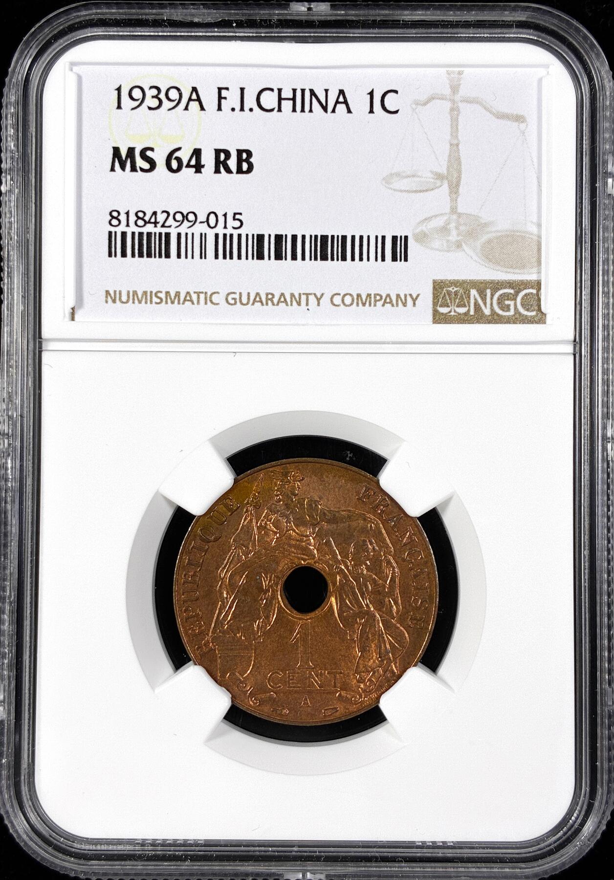 【雨安】【直播拍卖】【第0124期-评级币章】2026-01-17 周六 19:30 [评级亚洲] French Indo China 法属印支 百分之一 1939年  NGC-MS64