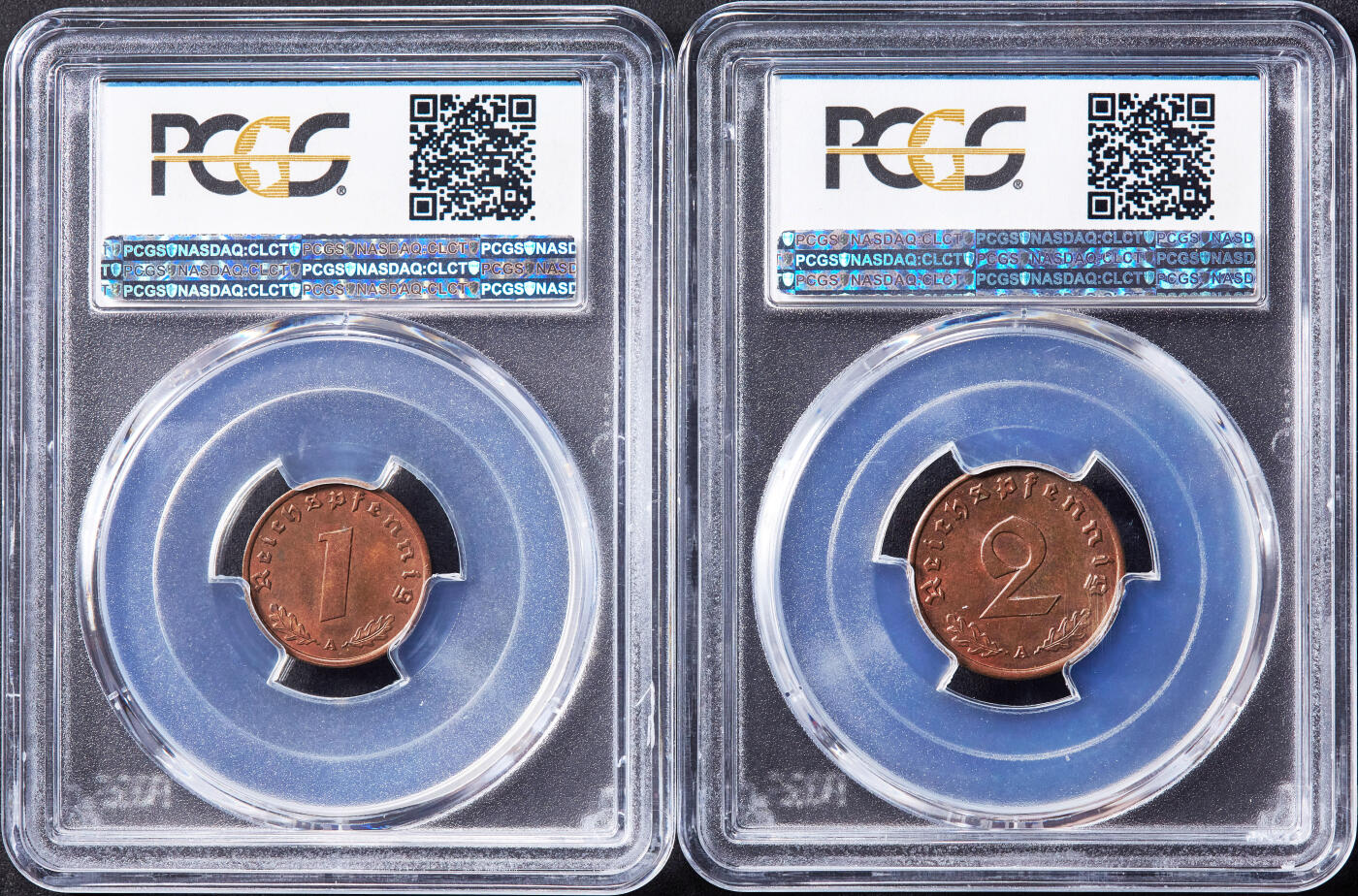 【俄甄集藏】“万象更新、马呈祥瑞”迎新春俄甄精品场-2026年(047)01-21 星期三 晚 19:30 全场包邮 德国第三帝国1940/1939年A版1、2芬尼铜币一对，PCGS MS64RB，转光品相，原图联系客服或者查询相关官网查看