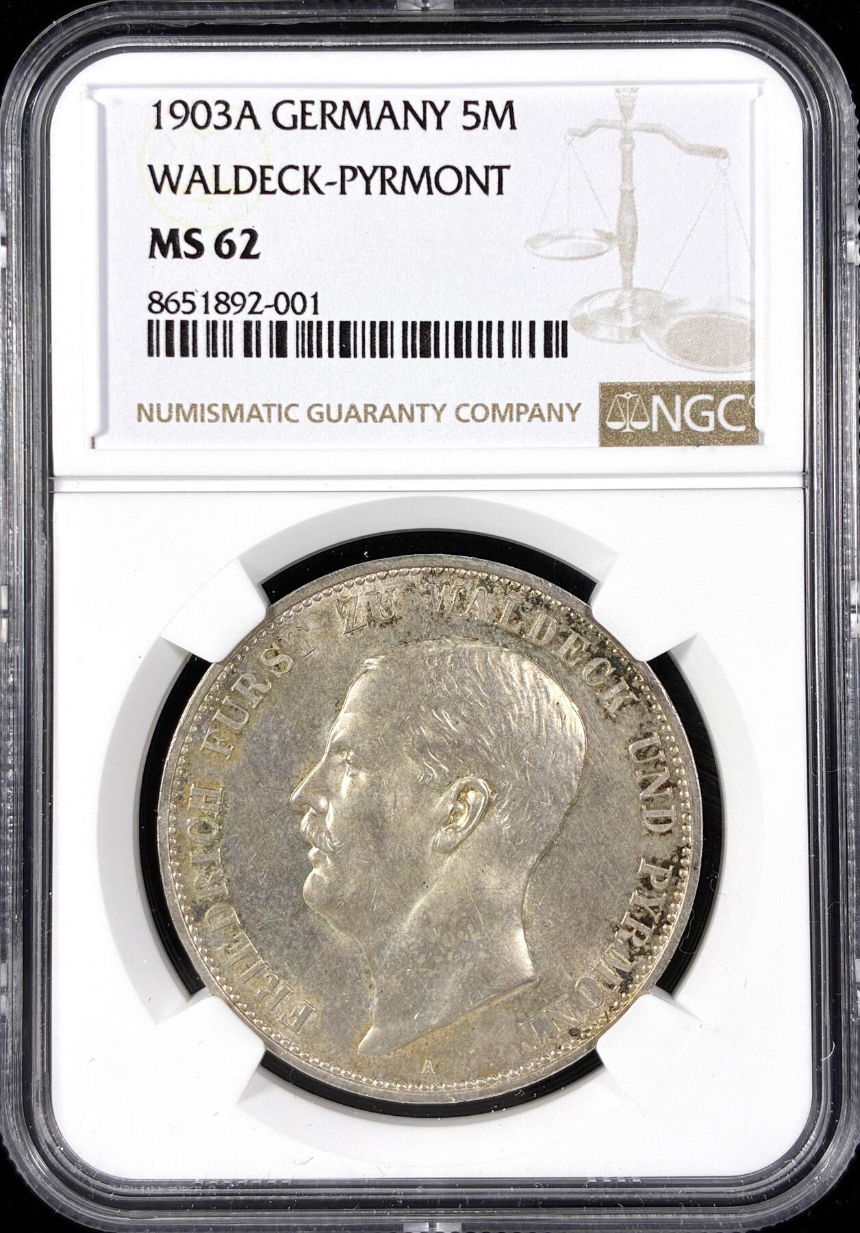 【雨安】【直播拍卖】【第0124期-评级币章】2026-01-17 周六 19:30 [评级德国] Germany 德国 帝国 瓦尔德克 5马克 (1903) 弗里德里希  NGC-MS62