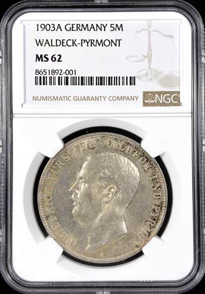 【雨安】【直播拍卖】【第0124期-评级币章】2026-01-17 周六 19:30 - [评级德国] Germany 德国 帝国 瓦尔德克 5马克 (1903) 弗里德里希  NGC-MS62