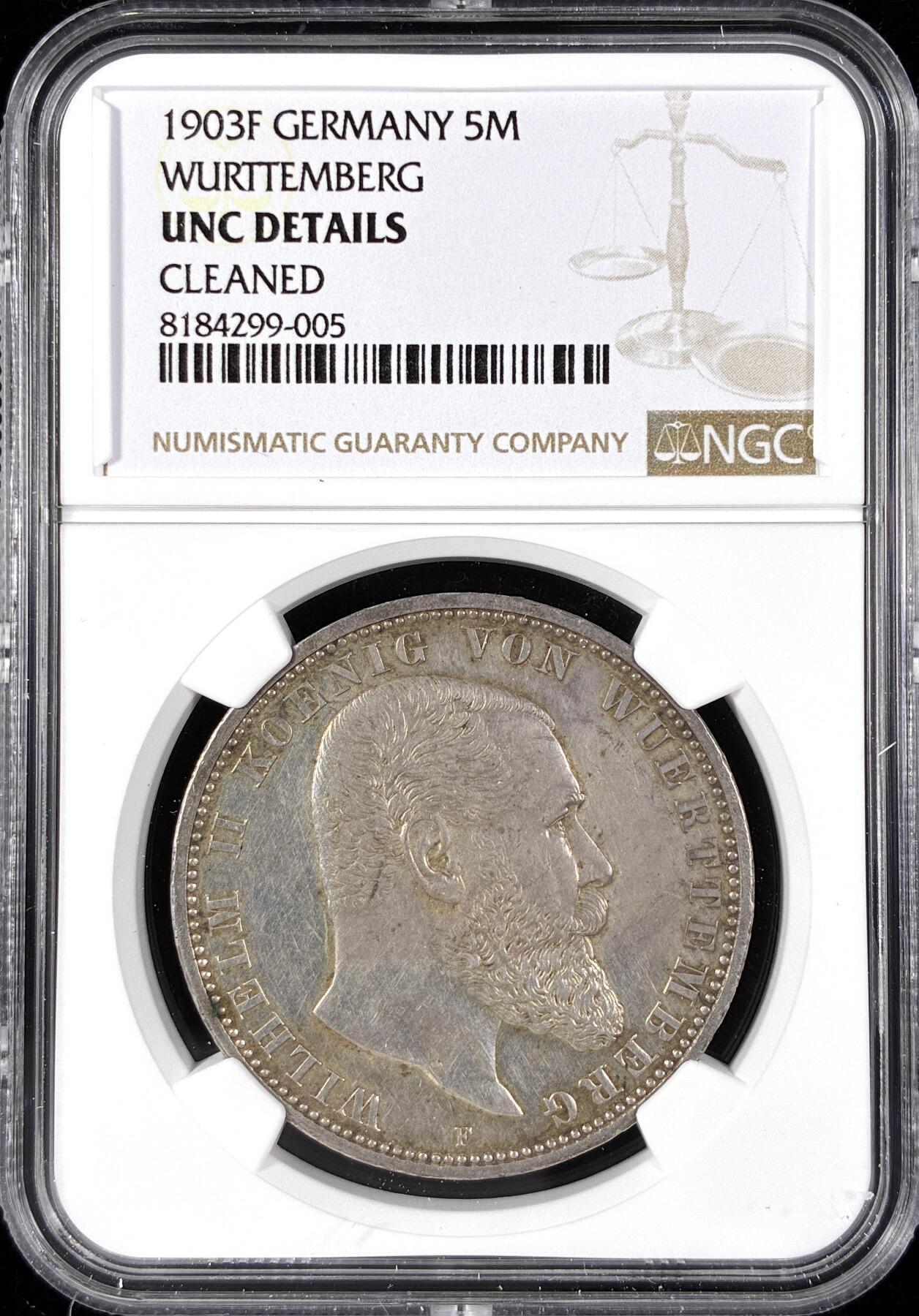 【雨安】【直播拍卖】【第0124期-评级币章】2026-01-17 周六 19:30 [评级德国] Germany 德国 帝国 J.176 符腾堡 5马克 (1892-1913) 威廉二世 1903年  NGC-UNC