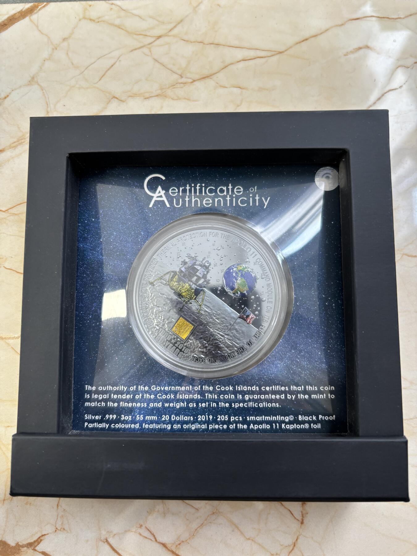 第188期拍卖 库克2019年阿波罗11号登月50周年镶锡箔3盎司银币，999银，发行205枚