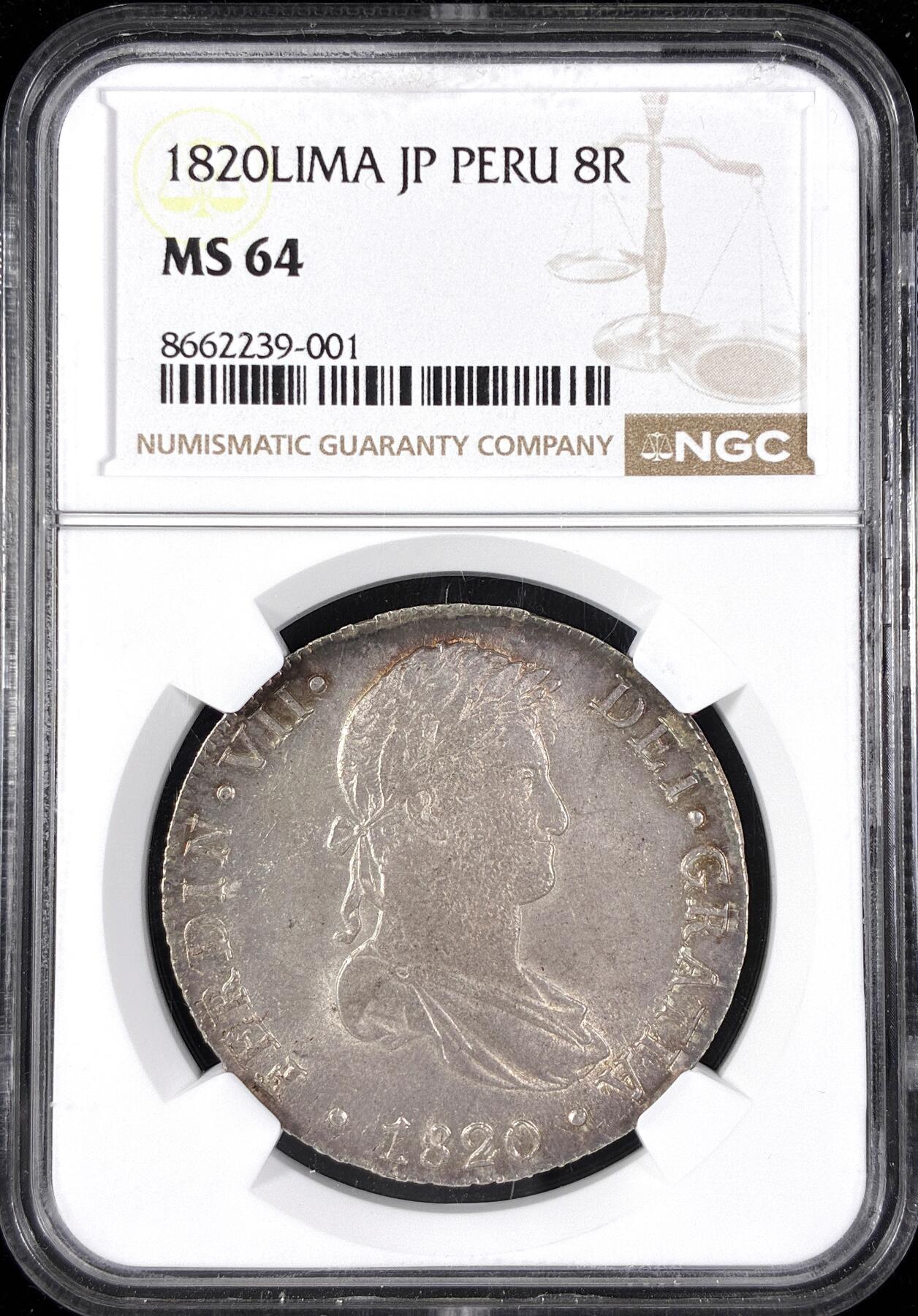 【雨安】【直播拍卖】【第0124期-评级币章】2026-01-17 周六 19:30 [评级美洲] Spanish Peru 西属秘鲁 8里亚尔 斐迪南七世 双柱 1820年  NGC-MS64