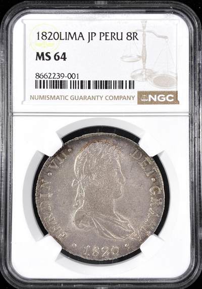 【雨安】【直播拍卖】【第0124期-评级币章】2026-01-17 周六 19:30 - [评级美洲] Spanish Peru 西属秘鲁 8里亚尔 斐迪南七世 双柱 1820年  NGC-MS64