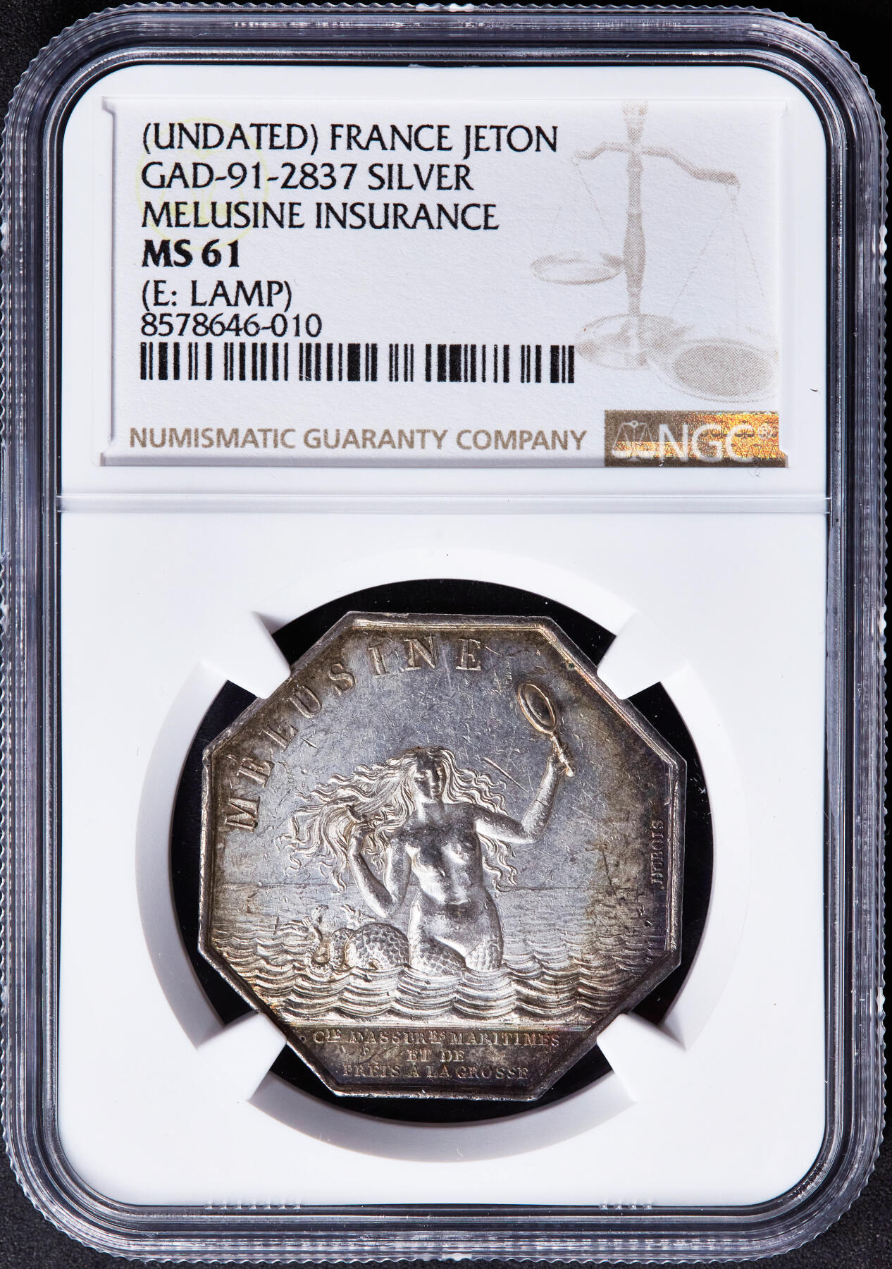 【俄甄集藏】“万象更新、马呈祥瑞”迎新春俄甄精品场-2026年(047)01-21 星期三 晚 19:30 全场包邮 法国1836年海妖梳妆银质八角代用币章（美人鱼打网球），NGC MS61，名誉品，八角目录封面，油灯边铭，黄油彩老包浆