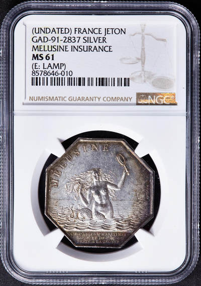 【俄甄集藏】“万象更新、马呈祥瑞”迎新春俄甄精品场-2026年(047)01-21 星期三 晚 19:30 全场包邮 - 法国1836年海妖梳妆银质八角代用币章（美人鱼打网球），NGC MS61，名誉品，八角目录封面，油灯边铭，黄油彩老包浆