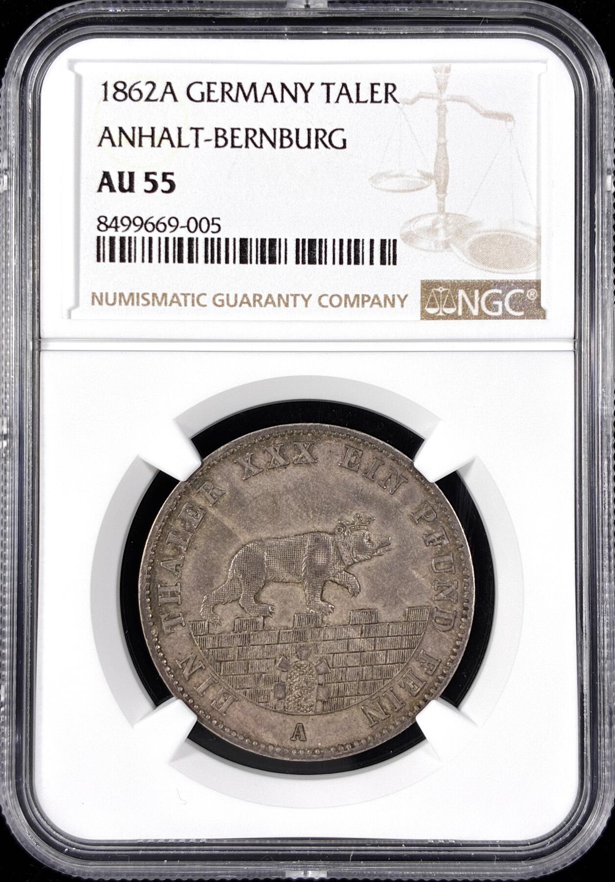 【雨安】【直播拍卖】【第0124期-评级币章】2026-01-17 周六 19:30 [评级德国] Germany 德国 德意志 1泰勒 Anhalt-Bernburg安哈特 Thun.006 KM#0088 (1861-1862) 小熊爬墙.小版 1862年  NGC-AU55