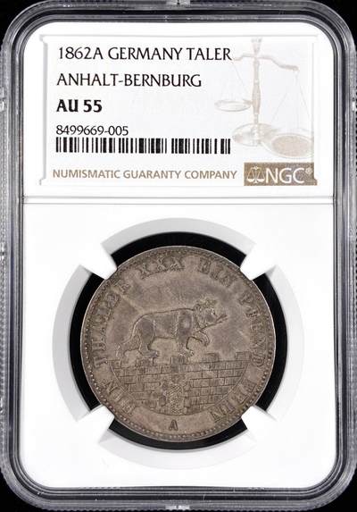 【雨安】【直播拍卖】【第0124期-评级币章】2026-01-17 周六 19:30 - [评级德国] Germany 德国 德意志 1泰勒 Anhalt-Bernburg安哈特 Thun.006 KM#0088 (1861-1862) 小熊爬墙.小版 1862年  NGC-AU55