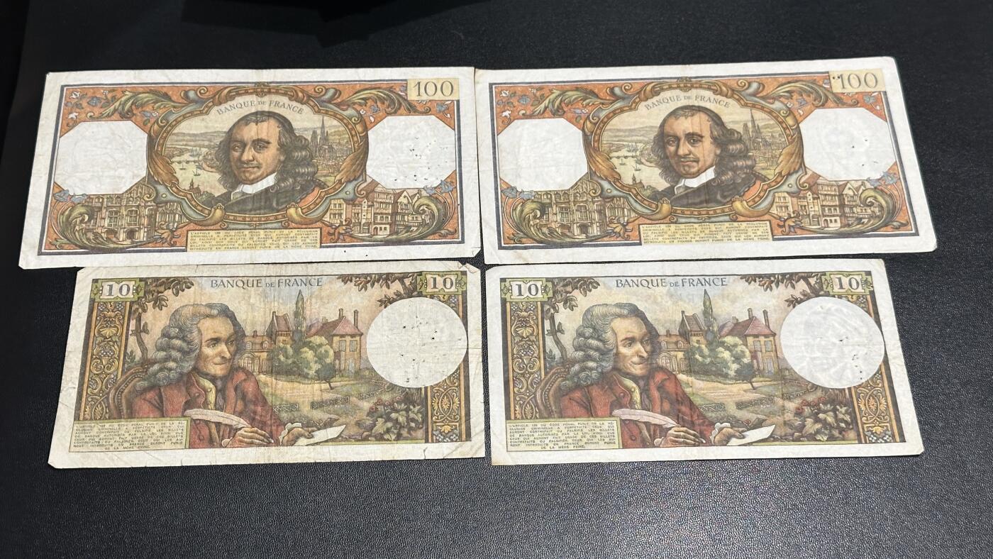 《外钞收藏家》第六百零三期（精选场）（本平台长期征集拍品、欢迎藏友们联系合作） 法国10和100法郎 四张一起 非全新 品相如图