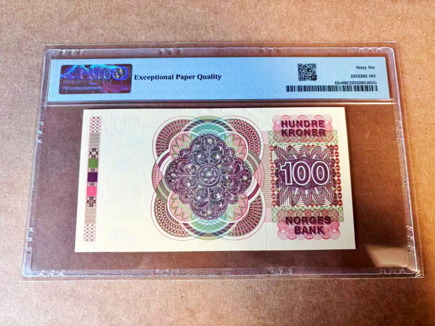 【Blue Auction】世界纸币精拍第776期——18级TOP拍卖/信誉/品质/专业/高效💫 挪威 1985年100克朗  PMG66EPQ 