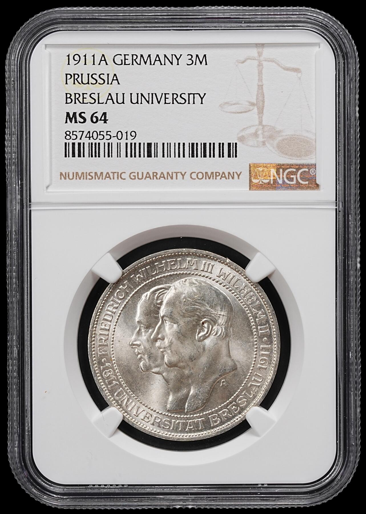 修遠堂世界钱币第101期 NGC MS64 1911年普鲁士-布雷斯劳大学百年纪念3马克银币