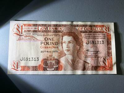 咖啡豆•收藏 2026年Jan_21th世界各国纸币拍卖 - 直布罗陀 1975年 1镑 全新UNC 外国纸币 女王钞