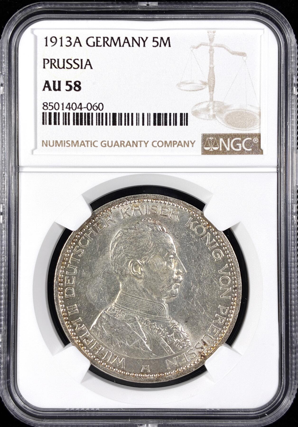 【雨安】【直播拍卖】【第0124期-评级币章】2026-01-17 周六 19:30 [评级德国] Germany 德国 帝国 普鲁士 5马克 (1913-1914) 军装 1913年  NGC-AU58