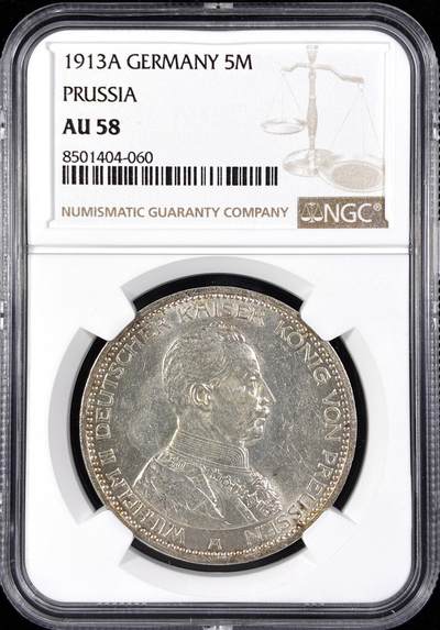 【雨安】【直播拍卖】【第0124期-评级币章】2026-01-17 周六 19:30 - [评级德国] Germany 德国 帝国 普鲁士 5马克 (1913-1914) 军装 1913年  NGC-AU58