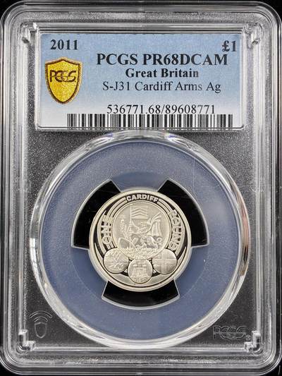 【雨安】【直播拍卖】【第0124期-评级币章】2026-01-17 周六 19:30 - [评级现代] Great Britain 英国 1镑 2011年 加的夫纹章 PCGS-PR68DCAM 精制币