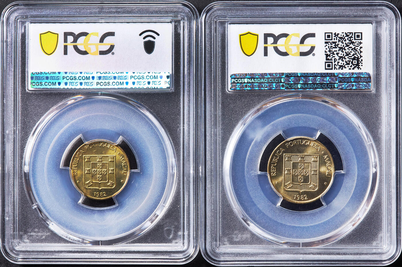 【俄甄集藏】“万象更新、马呈祥瑞”迎新春俄甄精品场-2026年(047)01-21 星期三 晚 19:30 全场包邮 葡属澳门1982年福禄10分、20分铜币2枚一对，PCGS MS65，转光品相