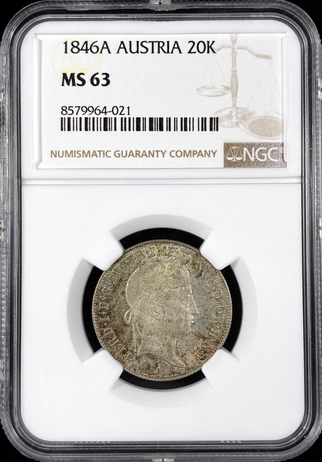 【雨安】【直播拍卖】【第0124期-评级币章】2026-01-17 周六 19:30 [评级欧洲] Austria 奥地利 20克鲁泽 1846年  NGC-MS63