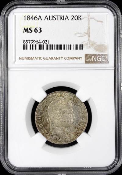 【雨安】【直播拍卖】【第0124期-评级币章】2026-01-17 周六 19:30 - [评级欧洲] Austria 奥地利 20克鲁泽 1846年  NGC-MS63