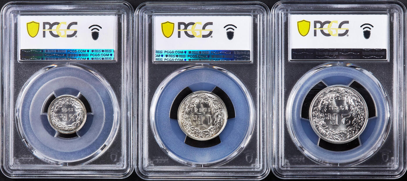 【俄甄集藏】“万象更新、马呈祥瑞”迎新春俄甄精品场-2026年(047)01-21 星期三 晚 19:30 全场包邮 瑞士1964-1966年1/2、1、2法郎银币高分3枚一组，PCGS MS67，顶级转光品相