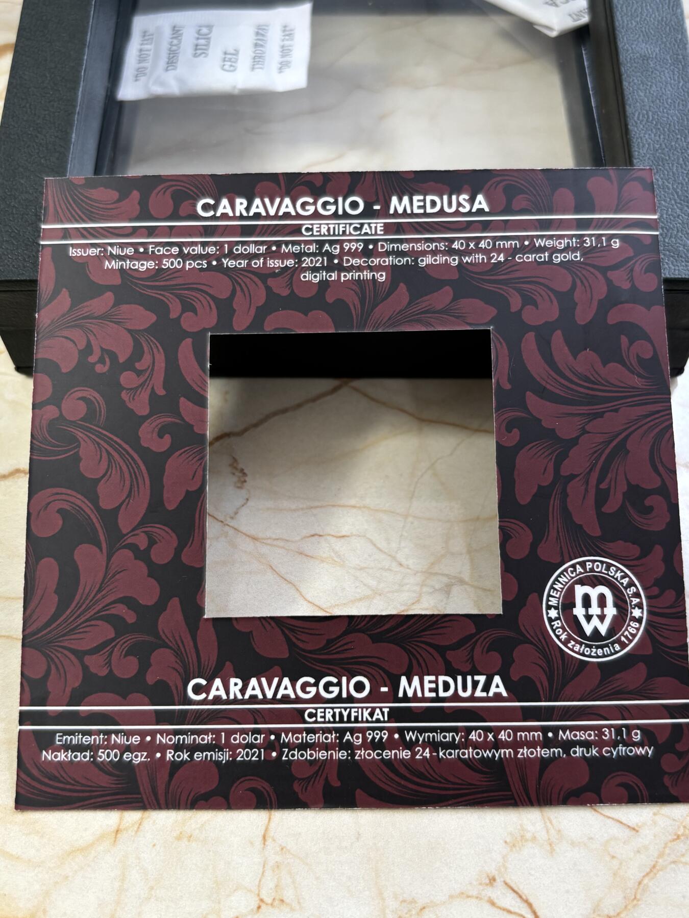 第188期拍卖 纽埃2021年卡拉瓦乔 名画系列《美杜莎》方形银币，1盎司999银，发行555枚