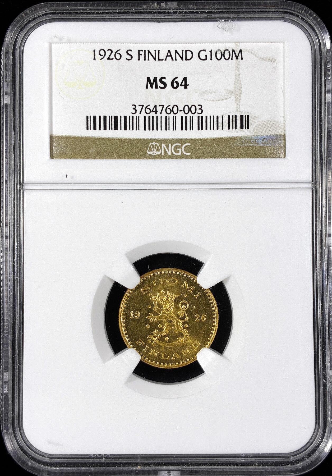 【雨安】【直播拍卖】【第0124期-评级币章】2026-01-17 周六 19:30 [评级金铂] Finland [金币] 芬兰 100马克 1926年  NGC-MS64