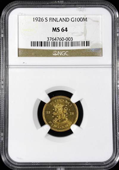 【雨安】【直播拍卖】【第0124期-评级币章】2026-01-17 周六 19:30 - [评级金铂] Finland [金币] 芬兰 100马克 1926年  NGC-MS64