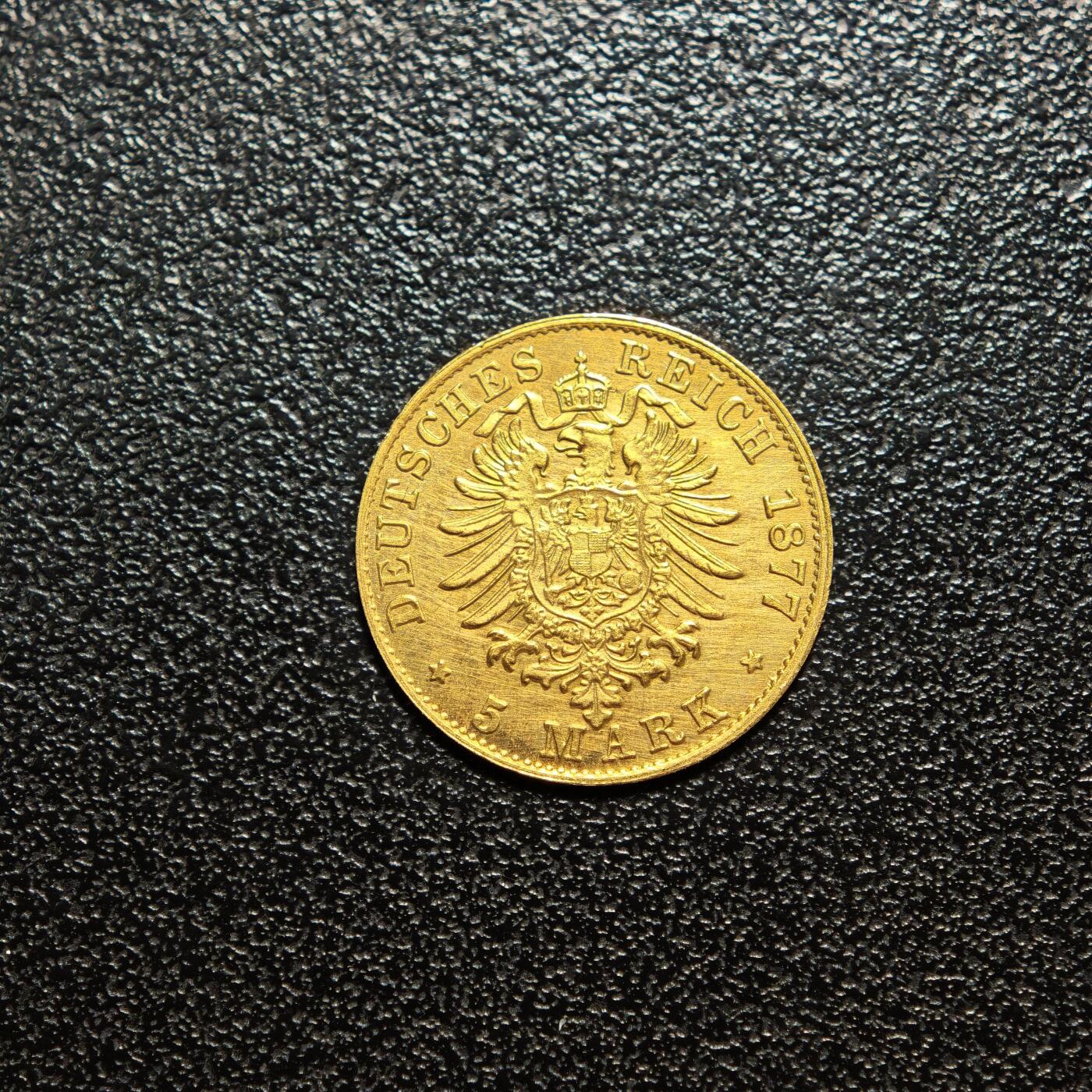 【德藏】世界币章拍卖第162期（拍品征集中~欢迎藏友联系） 1877年(后铸) 德国汉堡5马克金币 含金量：89.31% 直径约：17mm；重约：1.9g