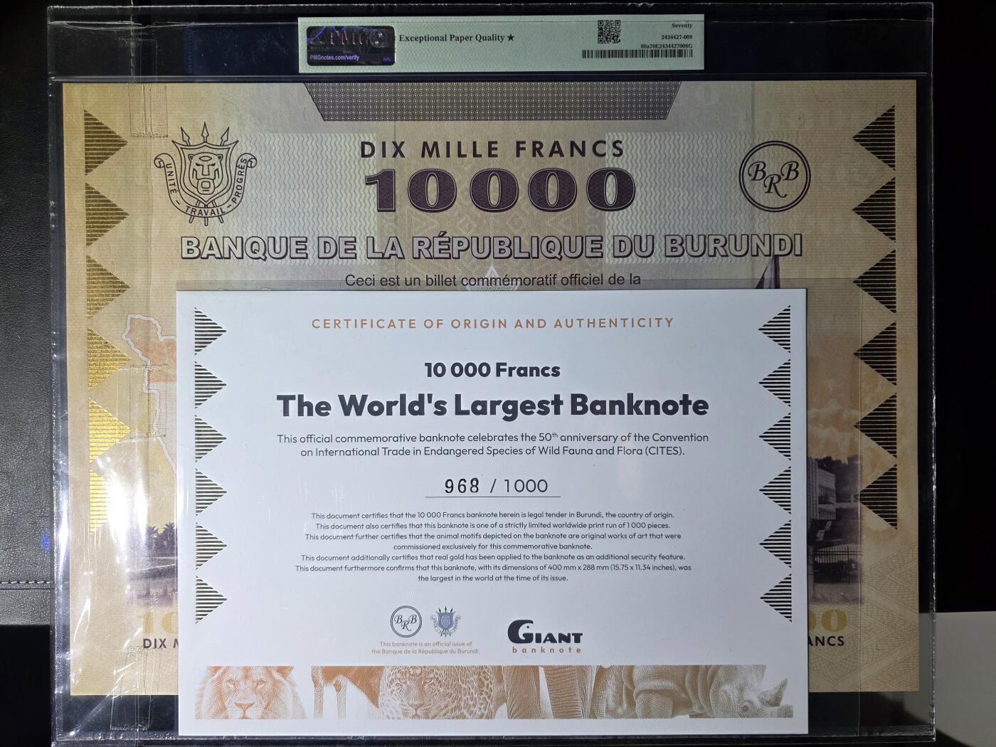 叁拾收藏第34期 布隆迪10000法郎  纪念钞 世界最大纸币  共发行1000张之968号  PMG70