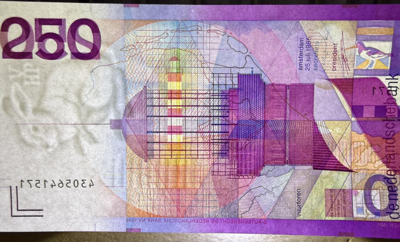 《艾美收藏》第229期-1.18周日外币荟萃 荷兰250盾 UNC 1985年 经典灯塔