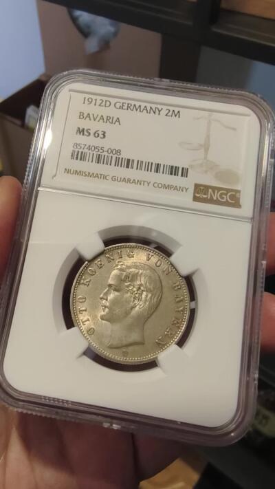 修遠堂世界钱币第101期 NGC MS63 1912年巴伐利亚2马克银币 稀少的年份，书价高