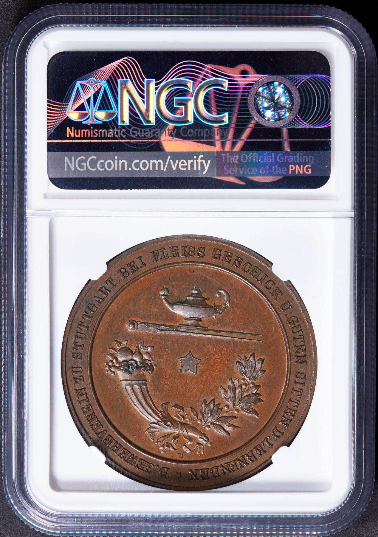 【俄甄集藏】“万象更新、马呈祥瑞”迎新春俄甄精品场-2026年(047)01-21 星期三 晚 19:30 全场包邮 德国19世纪斯图加特工商业协会颁发工业学院铜质奖章，NGC MS64，工业女神造像，巧克力包浆，高浮雕，设计精美