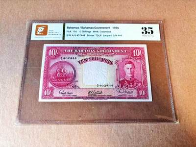 【Blue Auction】世界纸币精拍第776期——18级TOP拍卖/信誉/品质/专业/高效💫 - 【444豹子号】巴哈马 1936年10先令 英王乔六 TQG35