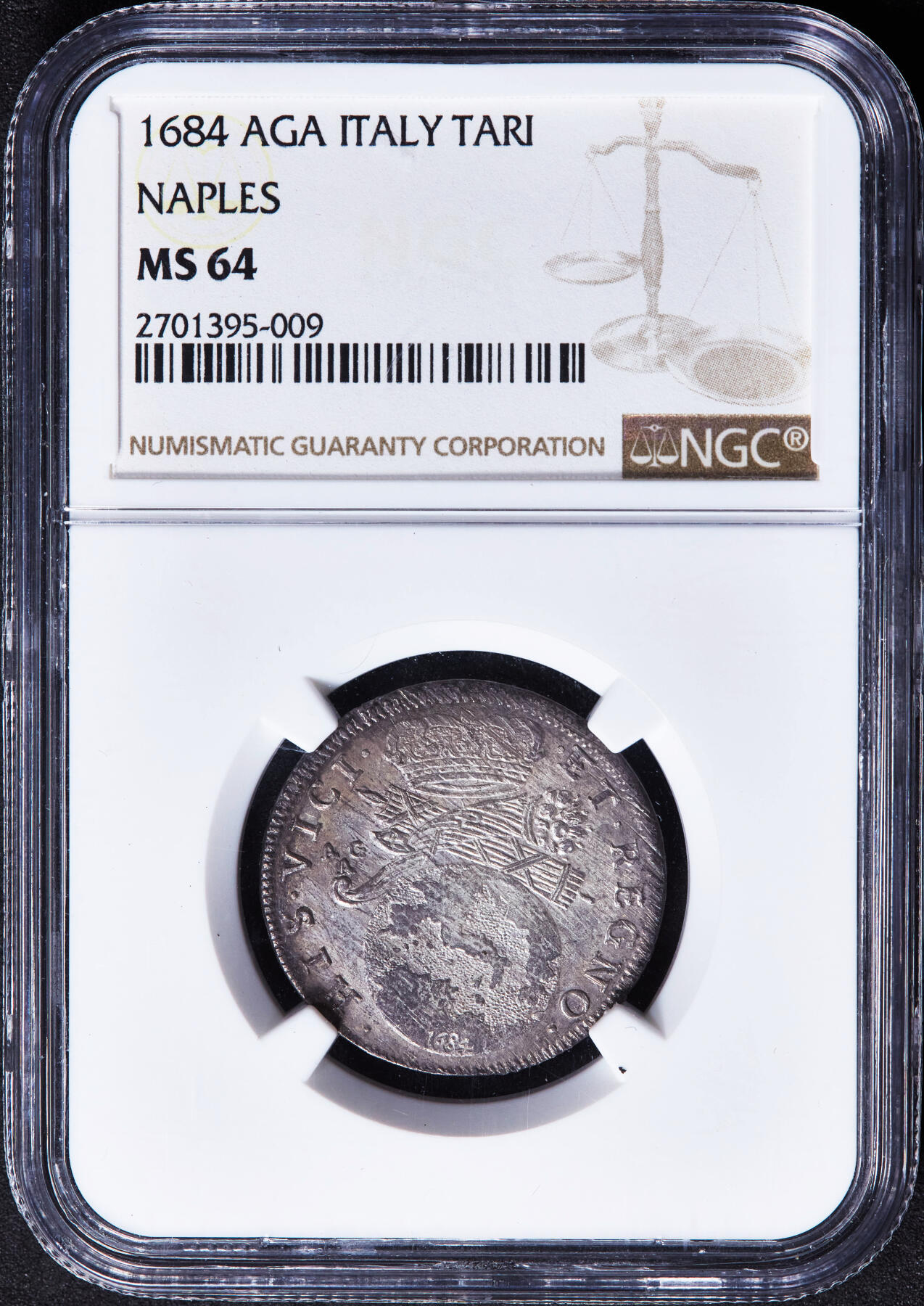 【俄甄集藏】“万象更新、马呈祥瑞”迎新春俄甄精品场-2026年(047)01-21 星期三 晚 19:30 全场包邮 西属意大利那不勒斯王国1684年卡洛斯二世AGA版1塔里双柱地球银币，NGC MS64，顶级品相，底板凝霜，打制清晰，细节犀利，稀有品种，酱彩老包浆