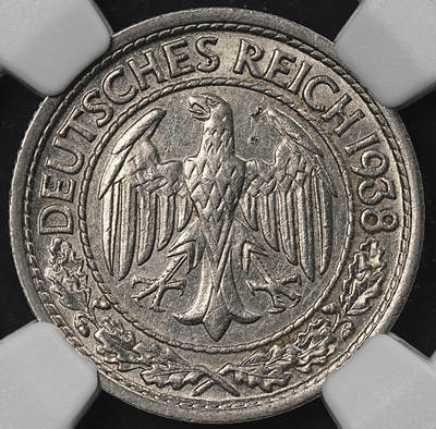 修遠堂世界钱币第101期 - NGC MS65 1938年德国50芬尼 J厂铭 盒子年份标识有误