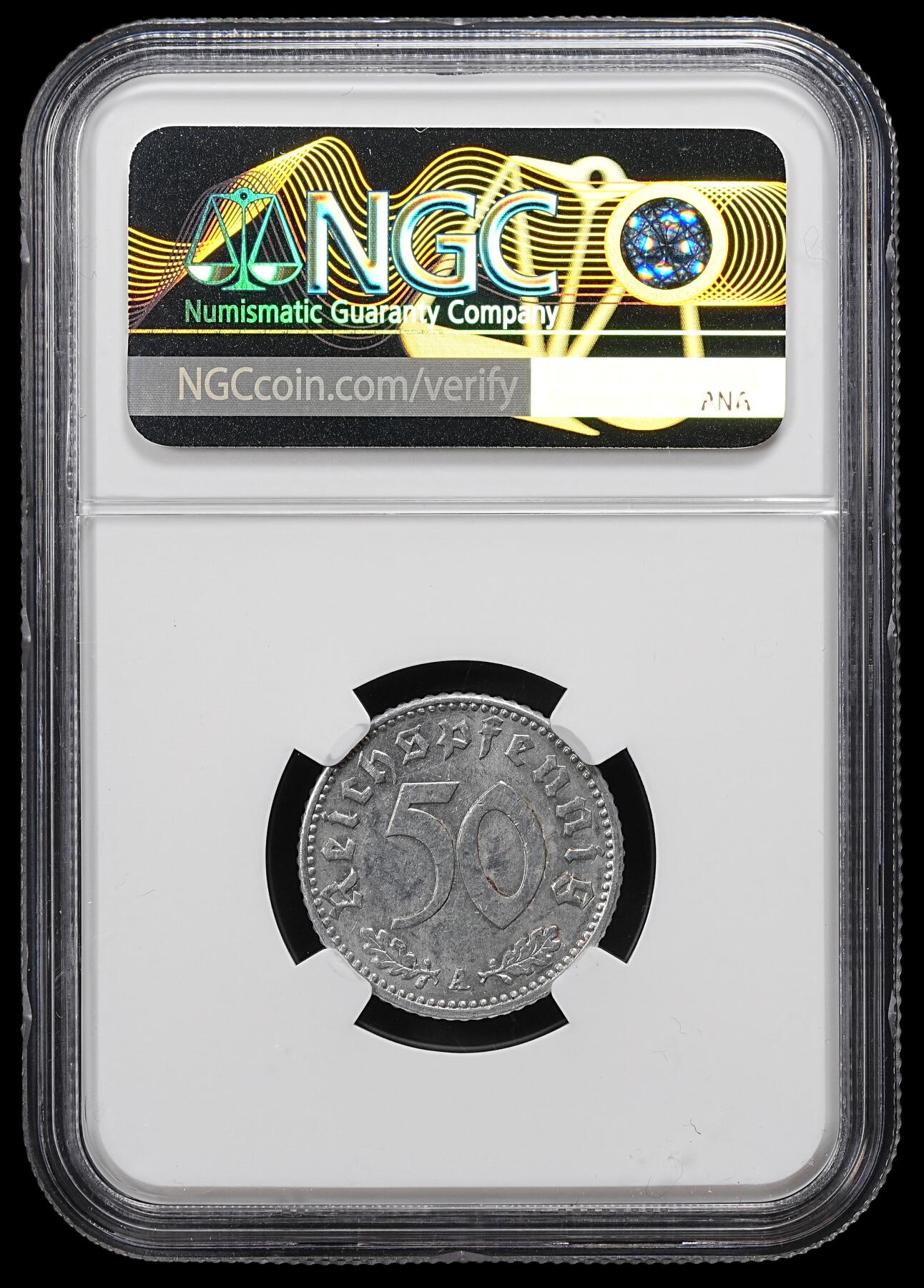 修遠堂世界钱币第101期 NGC MS62 1941年德国50芬尼 A厂铭