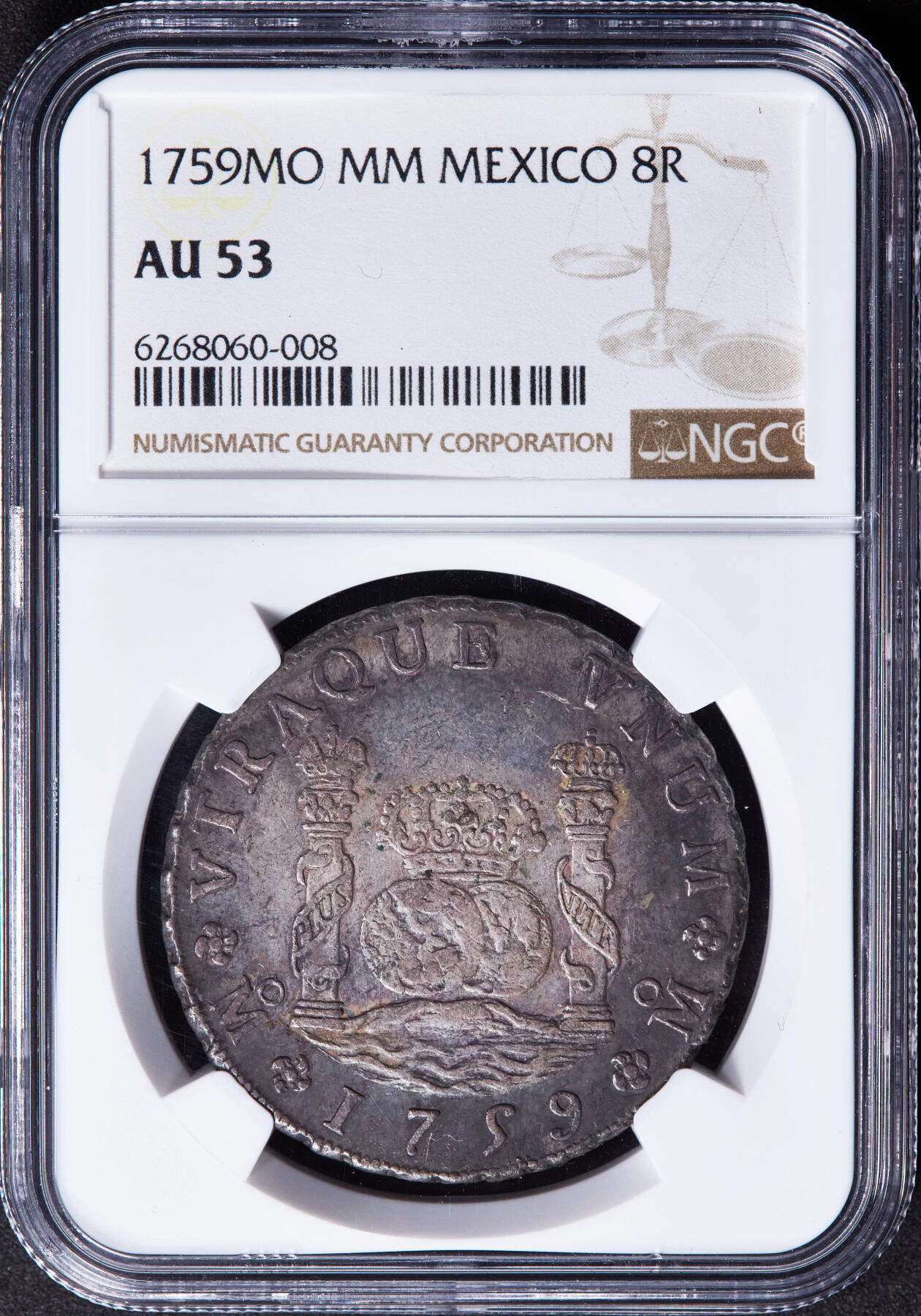 【俄甄集藏】“万象更新、马呈祥瑞”迎新春俄甄精品场-2026年(047)01-21 星期三 晚 19:30 全场包邮 西属墨西哥1759年费尔南多六世末年Mo MM版8里亚尔双柱地球大银币，NGC AU53，酱彩老包浆，状态深沉，味道佳