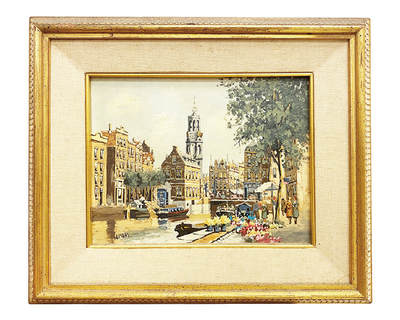 上海拍卖行2025年秋季古董珍玩拍卖会 - 法国手绘城市码头风景油画(39×34cm)