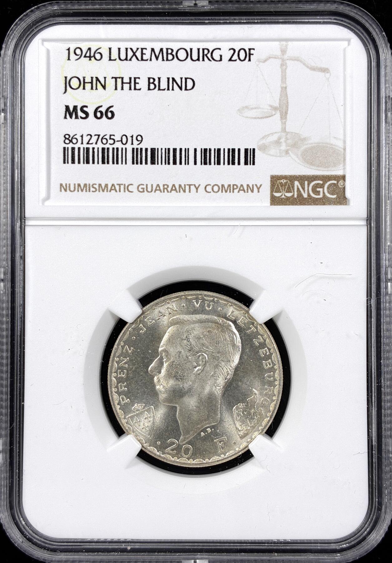 【雨安】【直播拍卖】【第0124期-评级币章】2026-01-17 周六 19:30 [评级欧洲] Luxembourg 卢森堡 20法郎 1946年 约翰大公  NGC-MS66